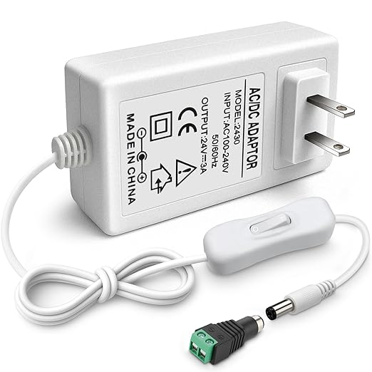 DC 24V Power Supply Adapter with On/Off Switch, 72W, US Plug, White Housing, 100–240V AC Input, Wall Plug Charger for LED Strip Lights and Electronics