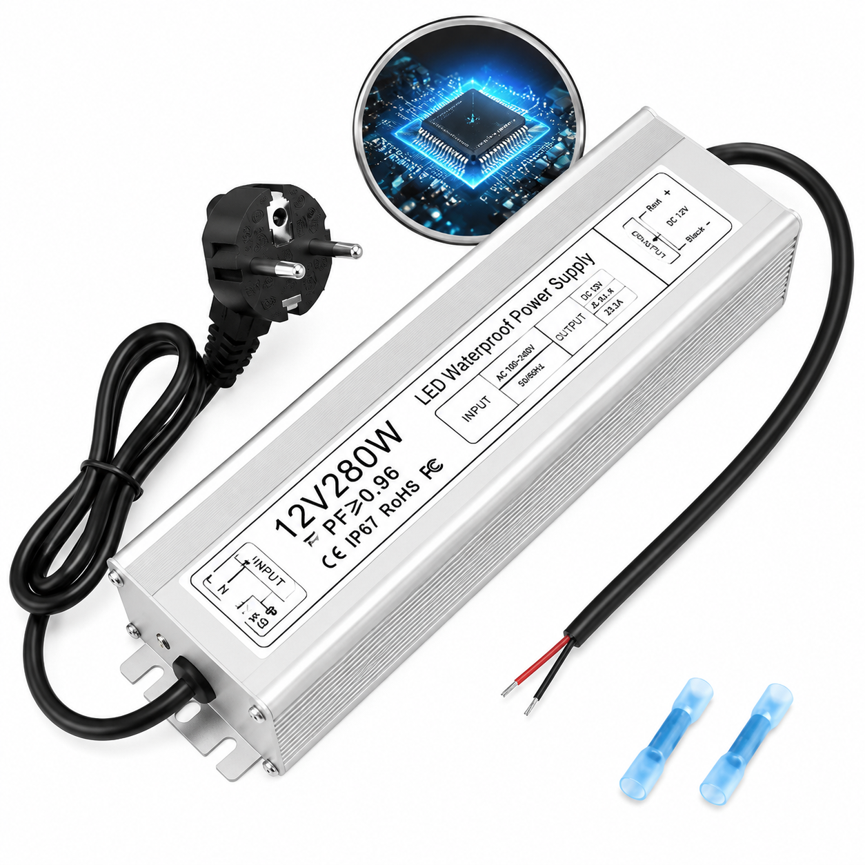 12V Waterproof LED Power Supply 30W–280W, 90–265V Input, Single/Dual Wire Output, Aluminum Housing, Outdoor LED Driver, CE/RoHS/FCC —US/UK/EU Plug & Wire Leads Options