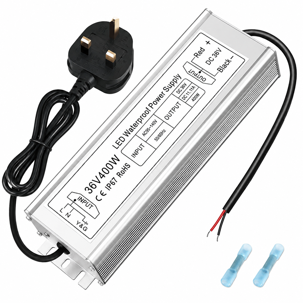 36V LED Power Supply, 175–265V Input, 100W–400W, Aluminum Housing, Constant Voltage Transformer, IP67 Waterproof SMPS, CE/RoHS/FCC — UK/EU Plug & Wire Leads Options