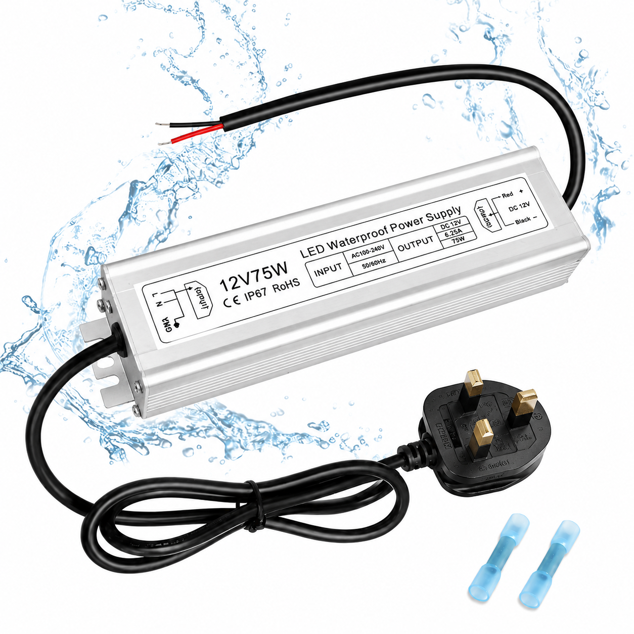 12V Waterproof LED Power Supply 30W–280W, 90–265V Input, Single/Dual Wire Output, Aluminum Housing, Outdoor LED Driver, CE/RoHS/FCC —US/UK/EU Plug & Wire Leads Options
