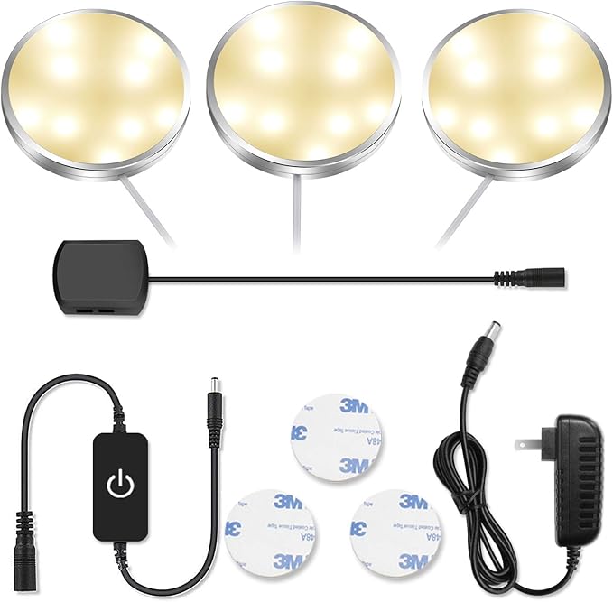 3er-/6er-Pack LED-Puck-Schrankleuchten – Warmweiß/Tageslichtweiß | Silber-Finish | 12-V-Adapter mit US-/UK-Stecker | Dimmbar per Touch | Klebemontage | für Küche und Unterschrank 