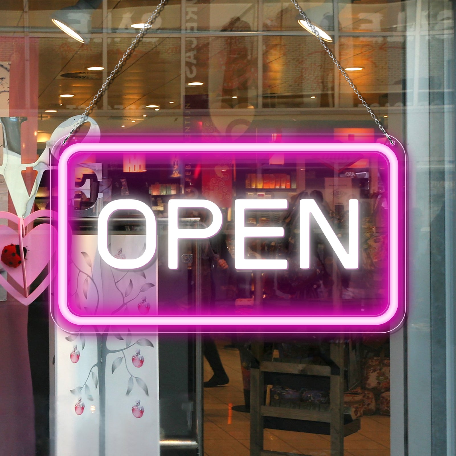 Enseigne néon OPEN – Alimentation USB | 44 x 24 cm | 6 couleurs disponibles | Suspension LED pour vitrine