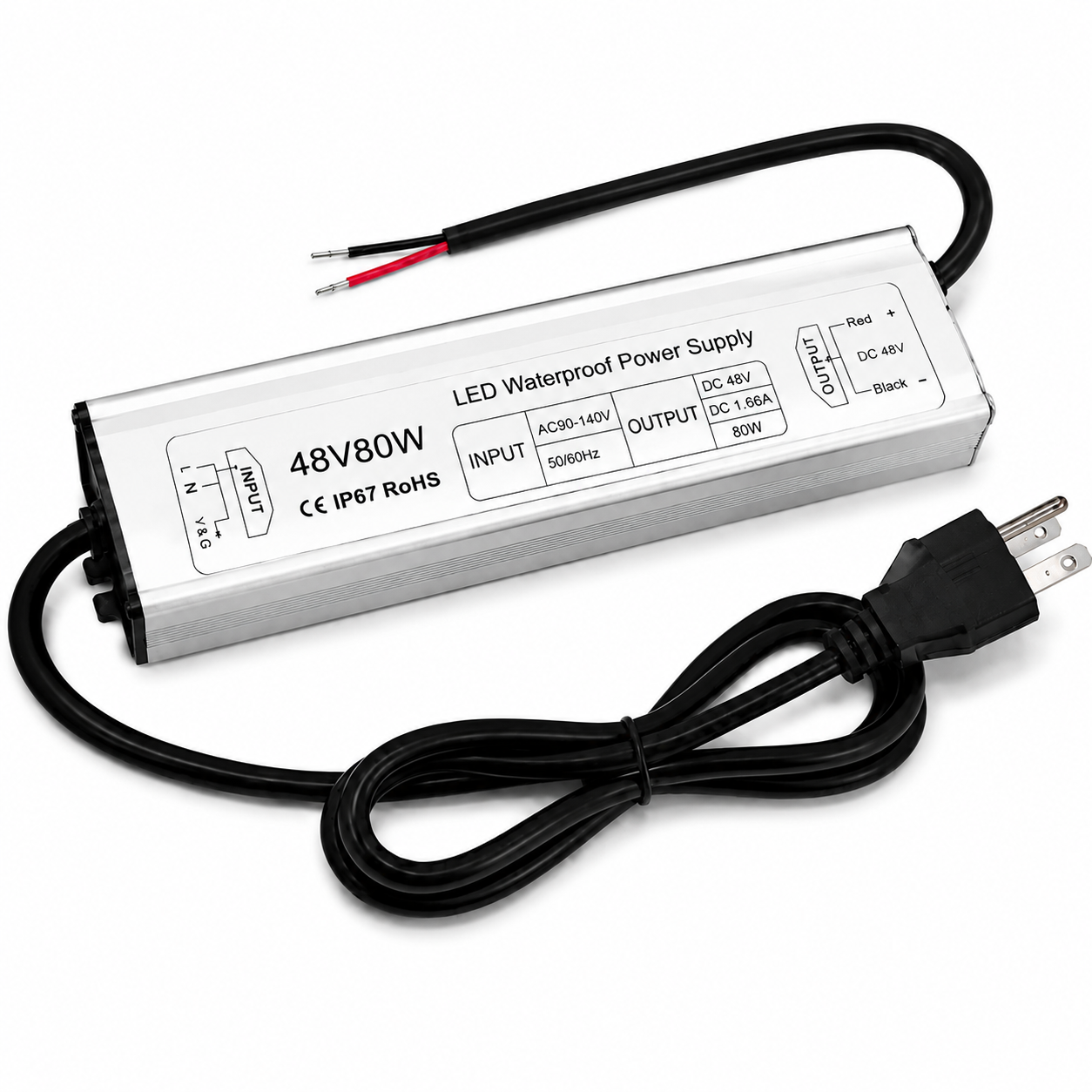 48V Waterproof LED Power Supply 60W–80W, 90–265V AC Input, Single Output Transformer, Aluminum Housing, CE/RoHS/FCC — US/UK/EU Plug & Wire Leads Options