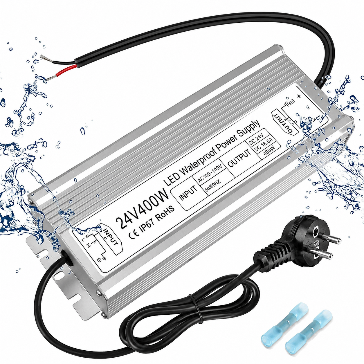 Wasserdichter 24-V-LED-Treiber, 175–265 V Eingang, 200–500 W, Einzel-/Doppelkabelausgang, Netzteil für den Außenbereich, CE/RoHS/FCC – UK/EU-Stecker und Kabeloptionen 