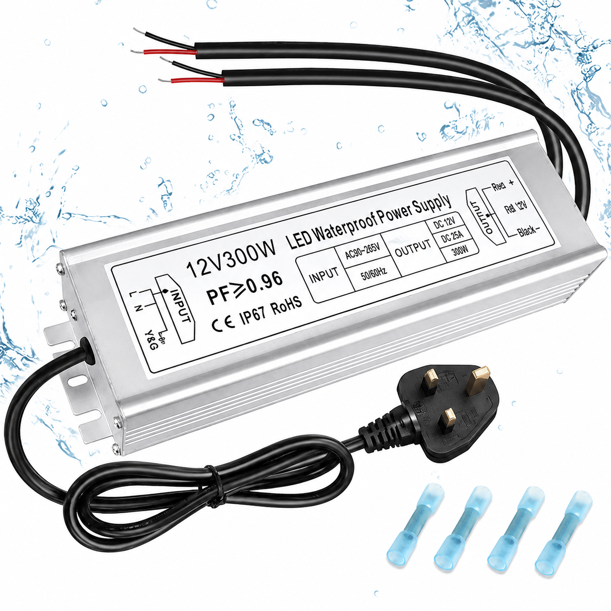 12V Waterproof LED Power Supply 300W, 90–265V Input, Single/Dual/Triple Wire Output, Aluminum Housing, Outdoor LED Driver, CE/RoHS/FCC —US/UK/EU Plug & Wire Leads Options