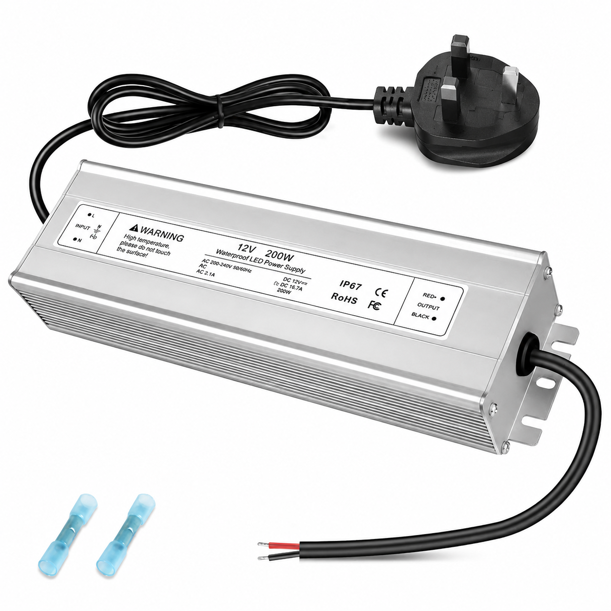 12V Waterproof LED Power Supply, 175–265V Input, 200W–500W, Single/Dual Wire Output, Aluminum Housing, Outdoor LED Driver, CE/RoHS/FCC — UK/EU Plug & Wire Leads Options