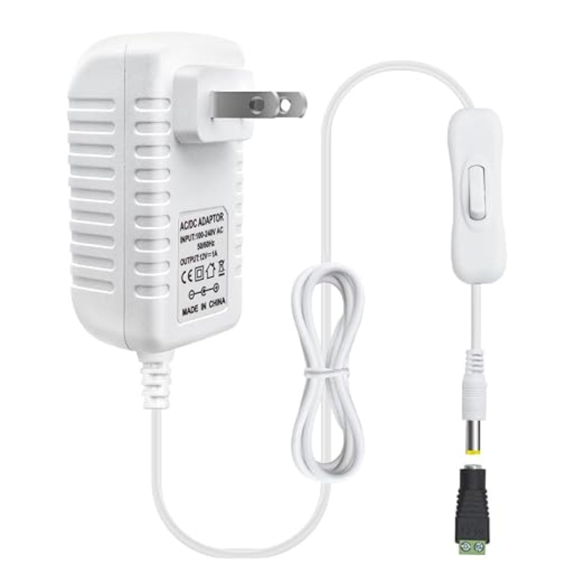 DC 12V Power Supply Adapter with On/Off Switch, 12W/24W/36W Options, US Plug, White Housing, 100–240V AC Input, Wall Plug Charger for LED Strip Lights and Electronics