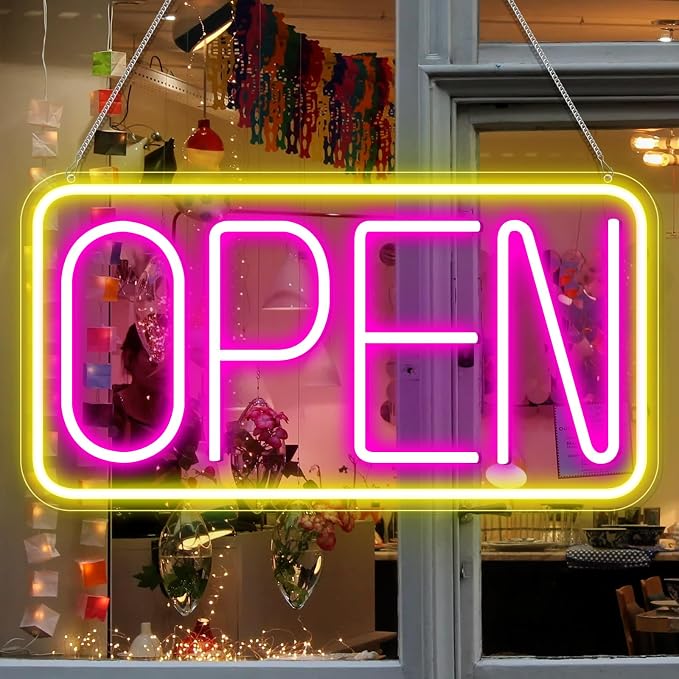 LED-Neonschild „OPEN“ – rechteckig | 4 Leuchtfarbenoptionen | 16×9 / 23×12 Zoll | Fensteraufhängung | Plug &amp; Play für Schaufenster