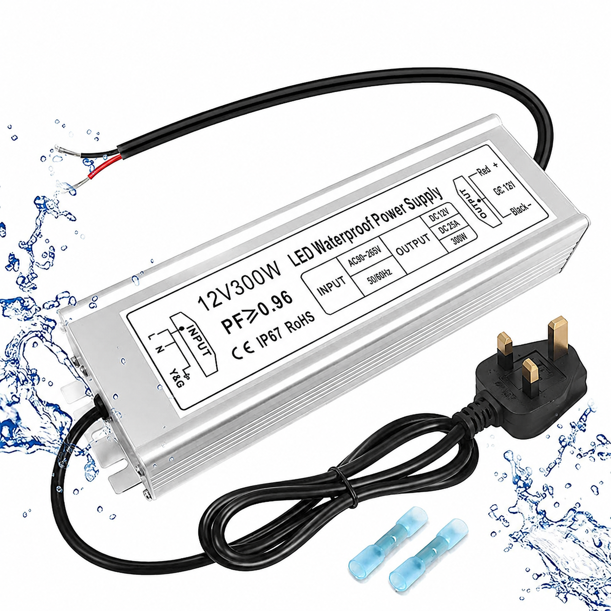 12V Waterproof LED Power Supply 300W, 90–265V Input, Single/Dual/Triple Wire Output, Aluminum Housing, Outdoor LED Driver, CE/RoHS/FCC —US/UK/EU Plug & Wire Leads Options