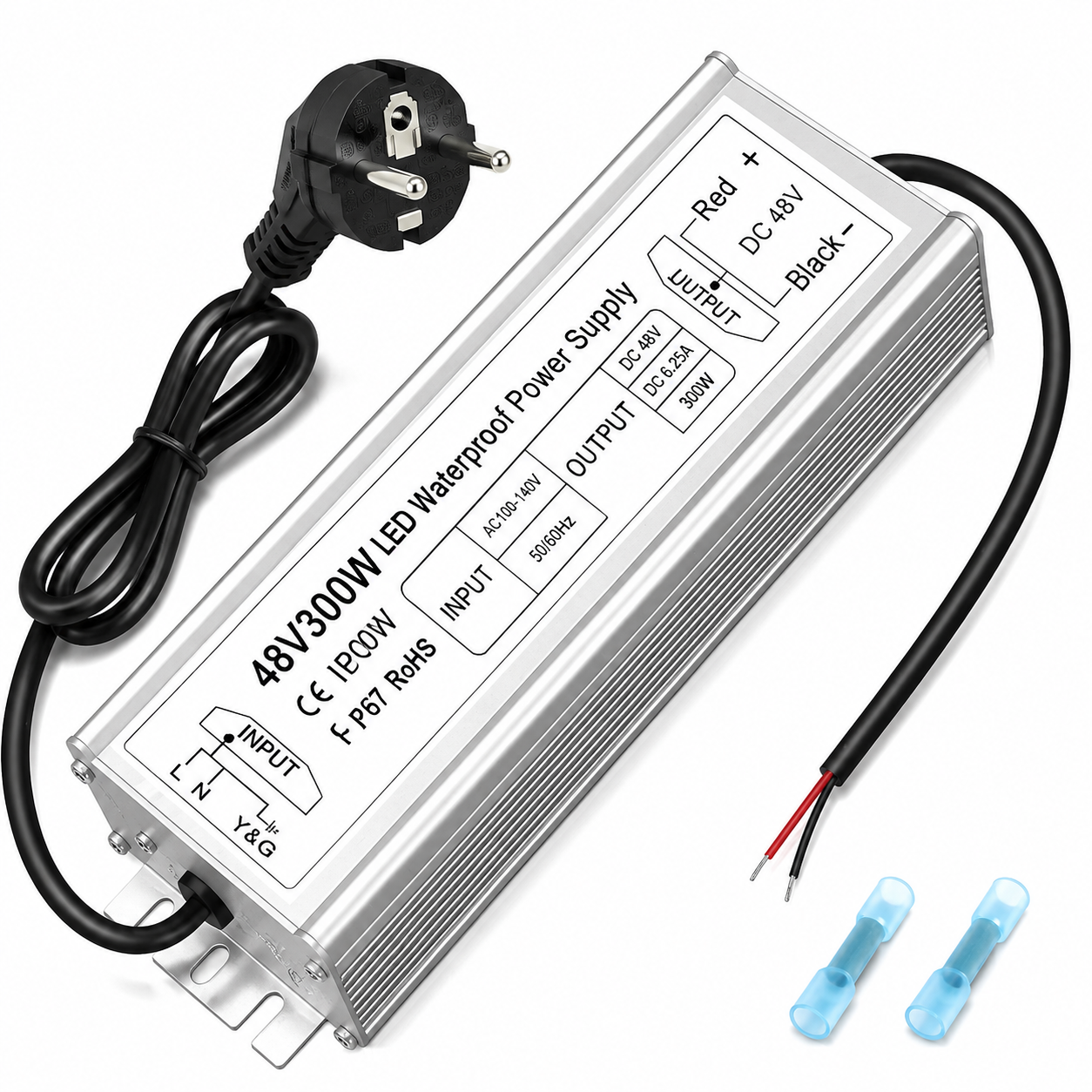 48V LED Power Supply, 175–265V Input, 100W–400W, Constant Voltage Transformer, Aluminum Housing, IP67 Waterproof SMPS, CE/RoHS/FCC — UK/EU Plug & Wire Leads Options