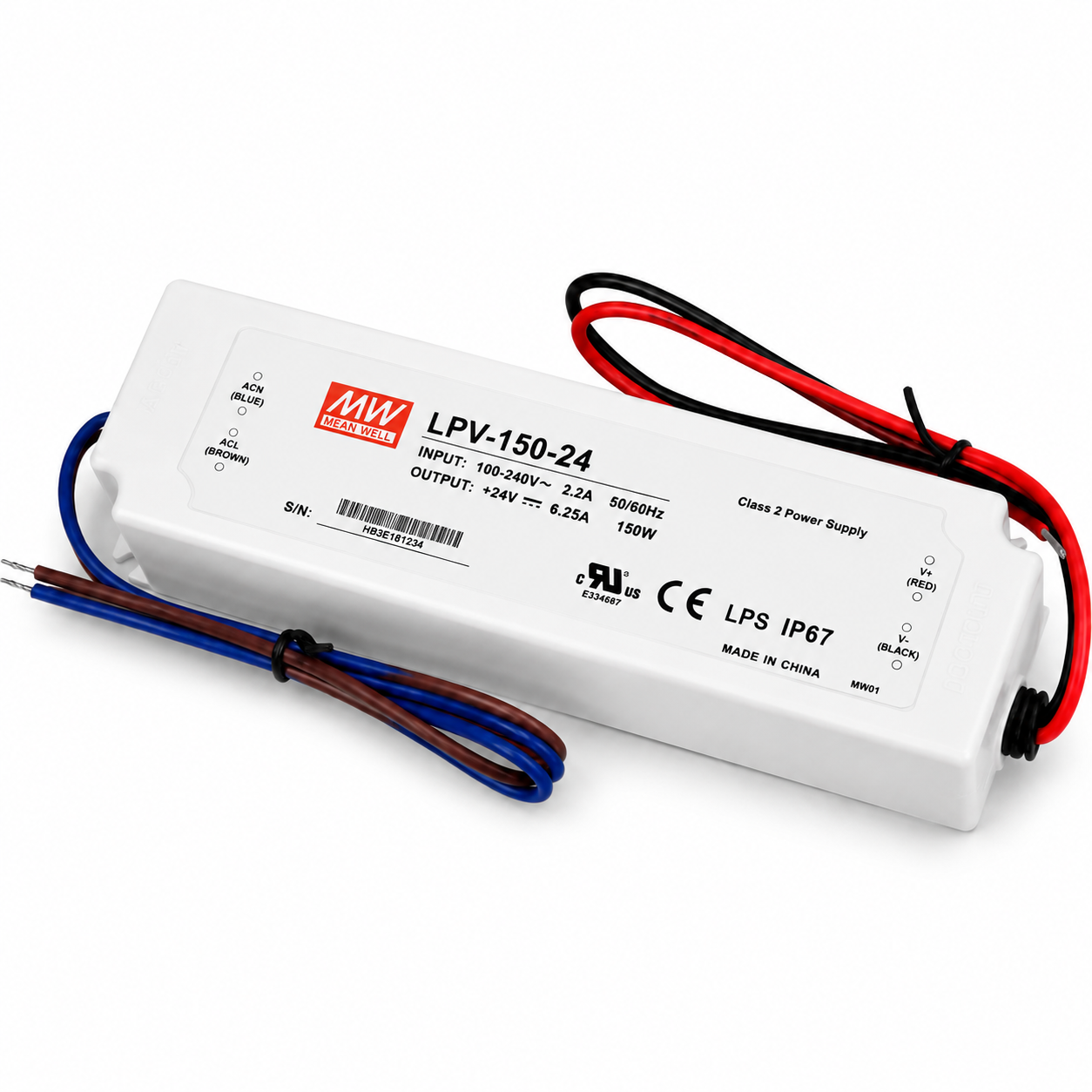 Alimentation électrique étanche IP67 certifiée UL de la série LPV de MEANWELL