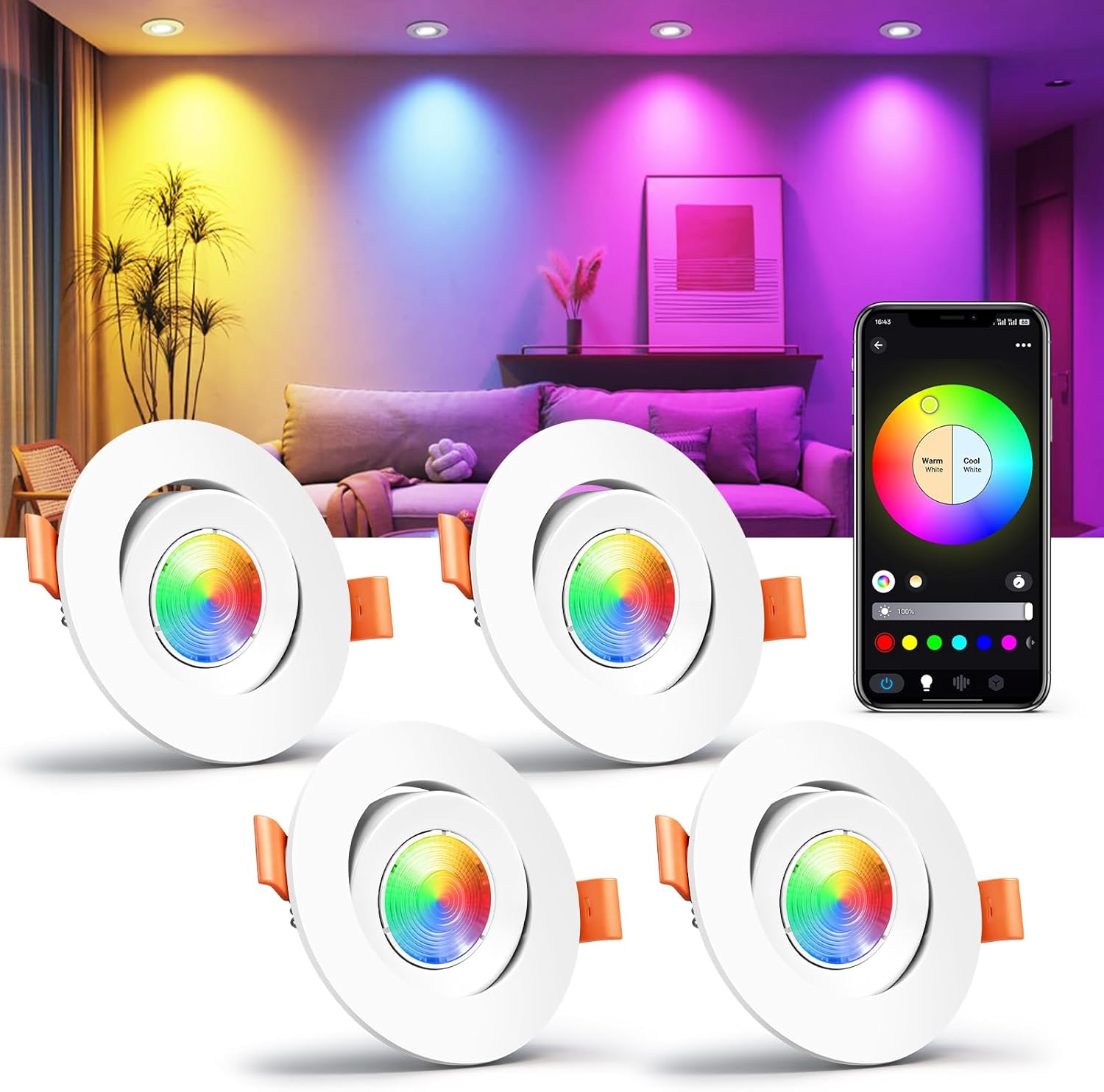 4er-Pack RGBW-LED-Deckeneinbauleuchten, 5 W, Fotowandbeleuchtung, Leuchten, leuchtend, 350 (LM), Einbau-Downlight, energiesparend, Bekleidungsgeschäft, Hotelbeleuchtung, Barbeleuchtung, Tanzsaalbeleuchtung