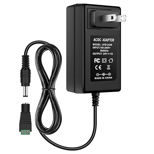 DC 24V Power Supply Adapter 48W/72W, AC 100–240V to 24V Switching Transformer, LED Driver Wall Plug Charger with US/UK Plug, Black Case