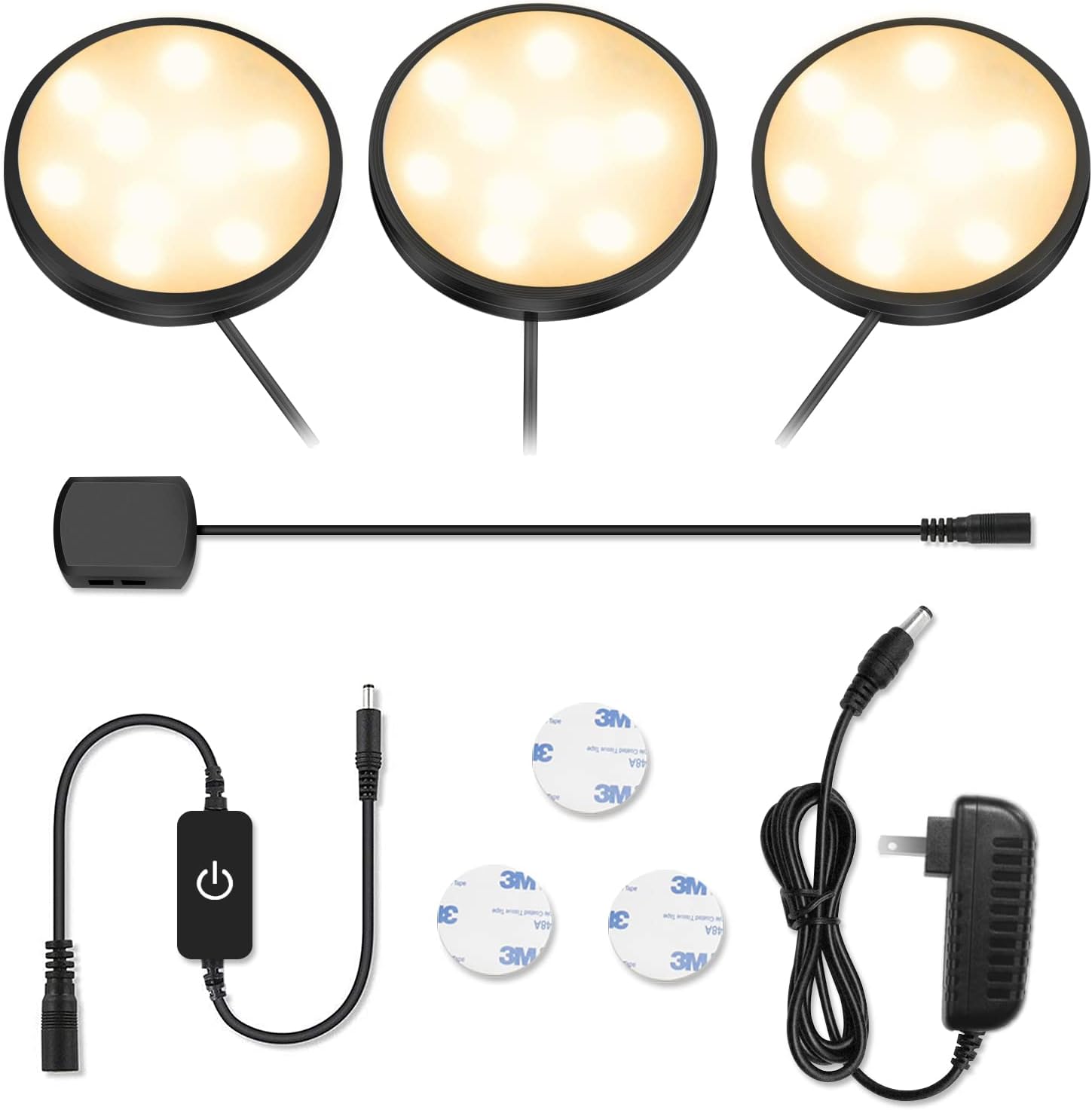 3er-Pack LED-Puck-Schrankleuchten – Warmweiß / Tageslichtweiß | Schwarzes Finish | 12-V-Adapter mit US-/UK-Stecker | Dimmbar per Touch | Klebemontage | für Küche und Unterschrank 