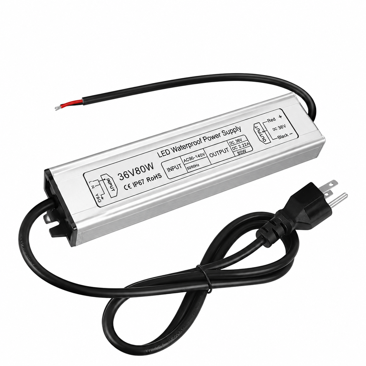 36V Waterproof LED Power Supply 60W–80W, 90–265V AC Input, Single Output Transformer, IP67 SMPS, Aluminum Housing, CE/RoHS/FCC — US/UK/EU Plug & Wire Leads Options