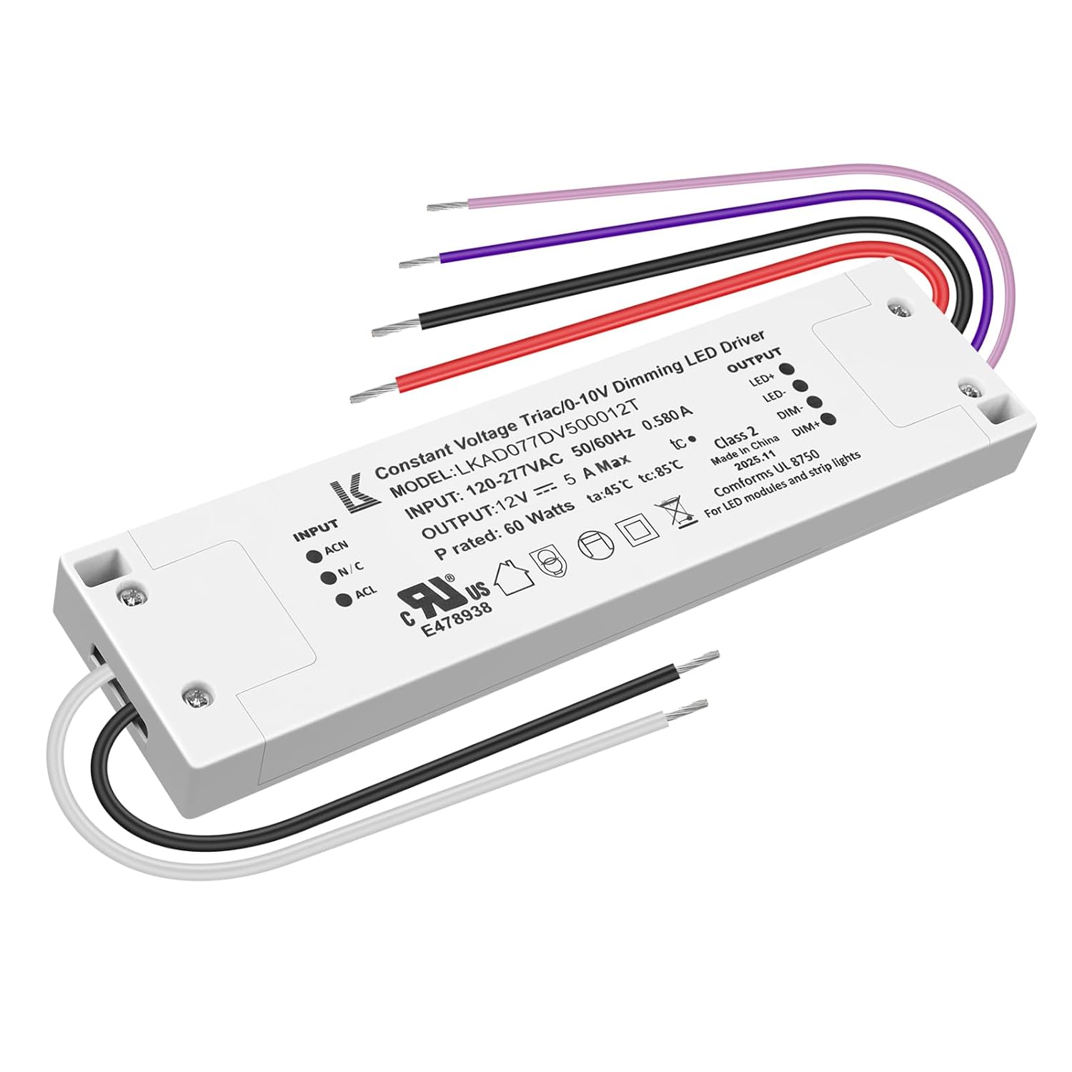 12V DC Plastic Case 5-in-1 Dimmable LED Power Supply, 60W, UL Listed, AC 120–277V Input, Waterproof Driver for Traic/ELV/0-10V/PWM/Resistive Control, 1/10-Pack