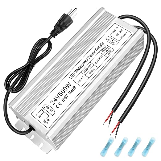 24V Waterproof LED Transformer, 90–140V Input, 200W–500W, Single/Dual Wire Output, CE/RoHS/FCC — US Plug & Wire Leads, Aluminum Housing, Outdoor Lighting Adapter