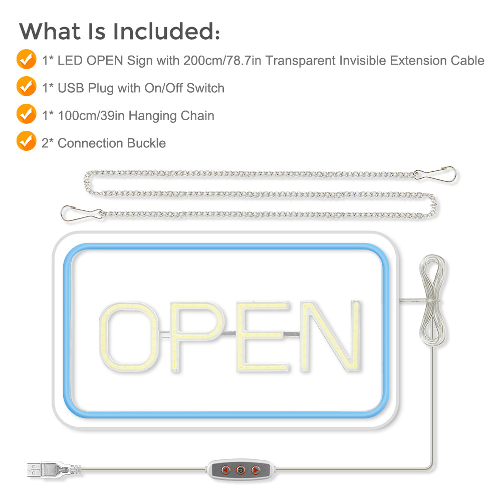 Enseigne néon verticale « OPEN » – Alimentation USB | 44 × 24 cm | 6 couleurs | Suspension LED pour vitrine