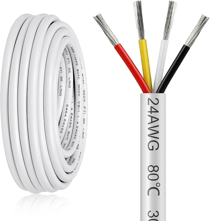 24 AWG Stranded Electrical Wire, 2/3/4/5 Conductor Multi-Core Cable, Black/White PVC Flexible Insulated Cord for Extension & Wiring —10/20/50m (33ft–165ft) Options