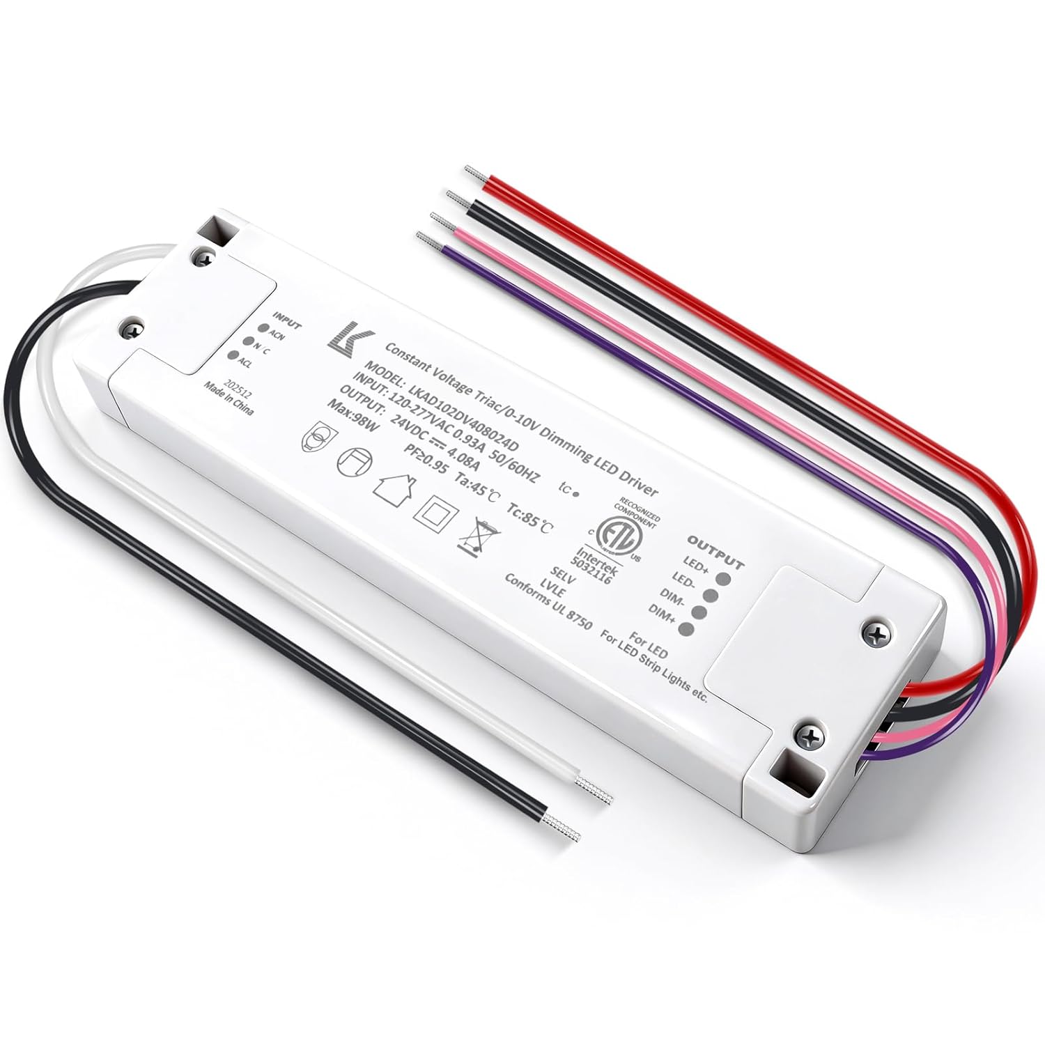 24V DC Plastic Case 5-in-1 Dimmable LED Power Supply, 100W, ETL Listed, AC 120–277V Input, Waterproof Driver for Traic/ELV/0-10V/PWM/Resistive Control, 1/10-Pack