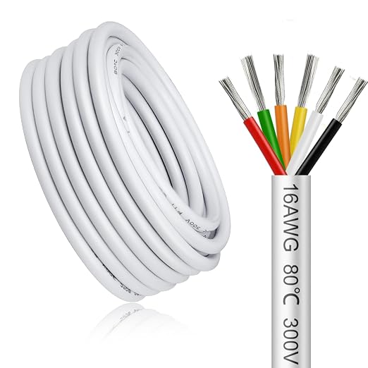 16 AWG Electrical Wire, 6/7/8 Conductor Multi-Core Tinned Copper Cable, Black/White PVC Insulated Flexible Control Wire, 10/20/50m (33ft–165ft) Options