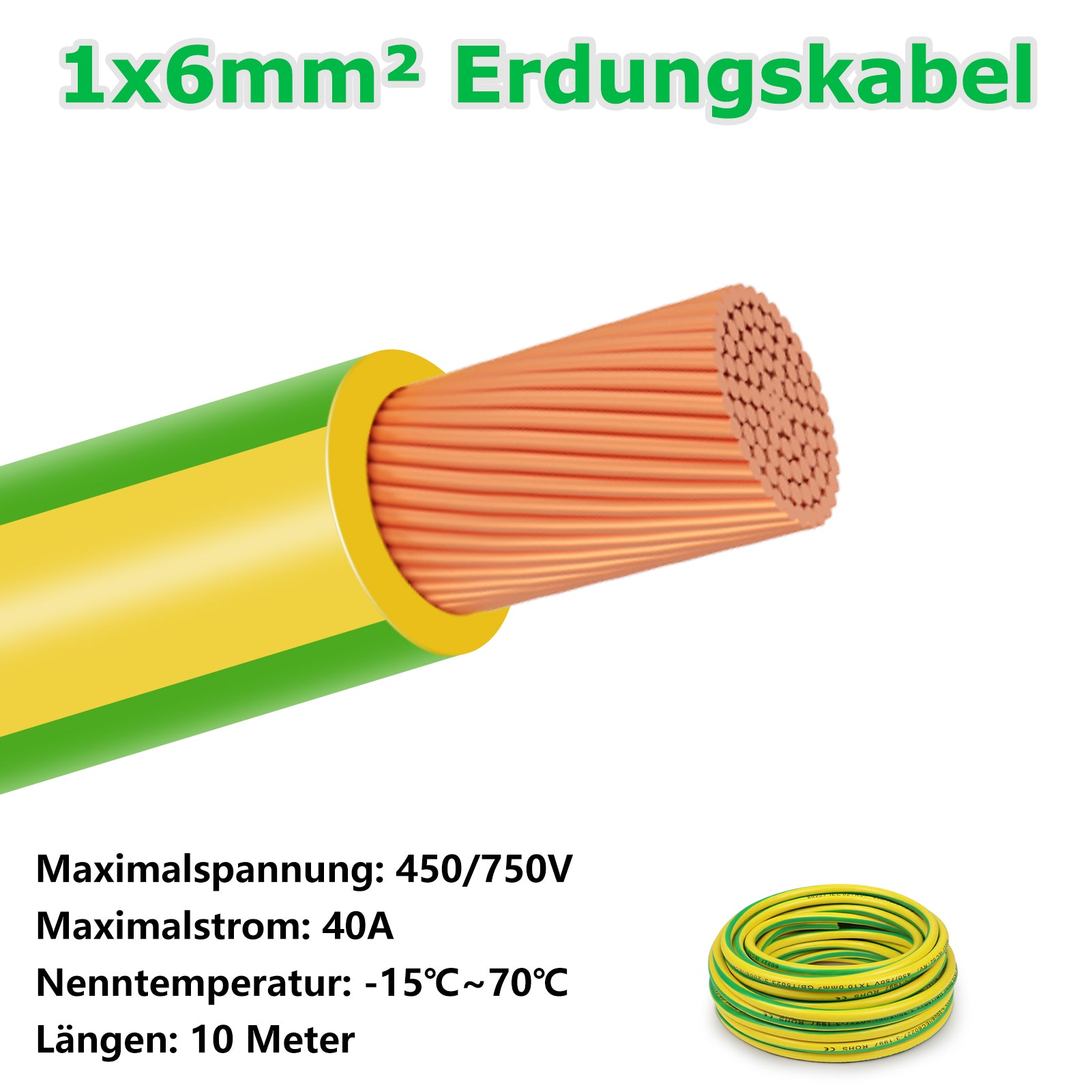 6mm² Erdungskabel 10m–30m, grün-gelbe Erdungsleitung PVC, flexible Elektroleitung für Erdungs-, Verkabelungs- und Sicherheitsinstallationen 