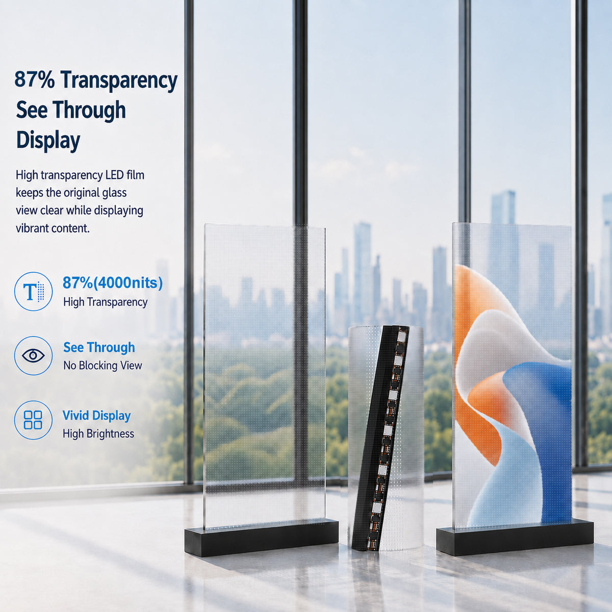 【Standard Modular Panel】HC Series P8 Adhesive Transparent LED Film – 400×1000 mm (15.75×39.37 in) | 2000nits / 4000nits | 92% / 87% Transparency Glass Display for Retail Windows & Exhibition | Multiple Kit Options | Plug & Play