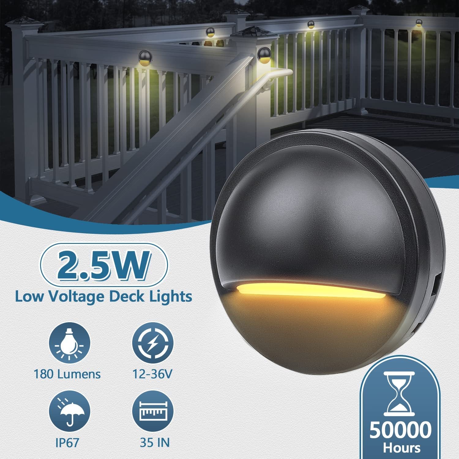 Lot de 6 spots LED basse tension pour terrasse, rampe d'escalier avec LED intégrée de 2,5 W, éclairage d'accentuation 12 V CA/CC, finition aluminium thermolaqué noir.