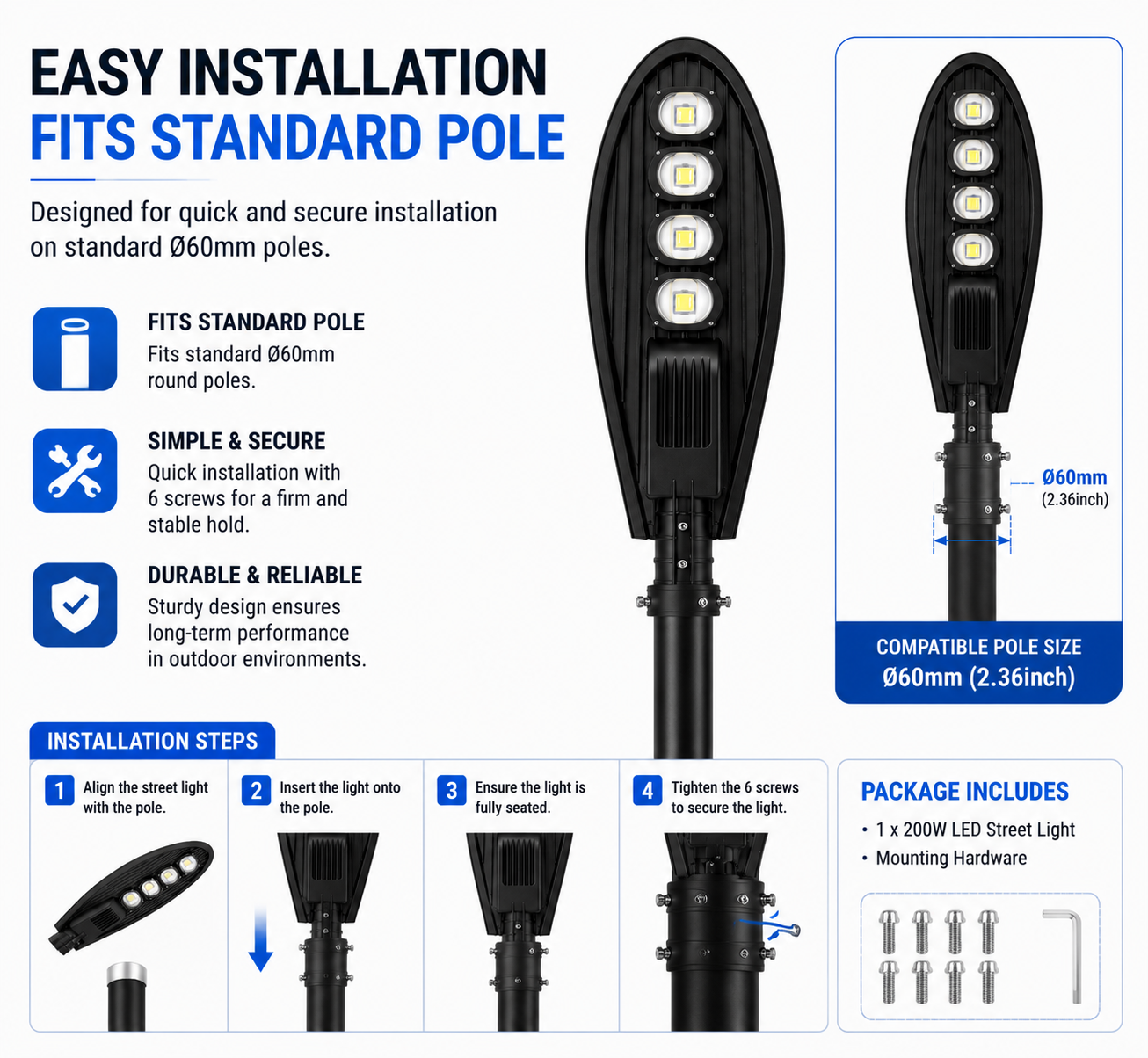200W LED Street Light Outdoor Road Lamp with 4 High Brightness LED Modules, IP65 Waterproof Die-Cast Aluminum Housing, Energy Saving Parking Lot & Highway Lighting Fixture
