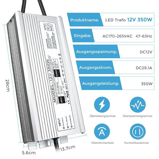 12V Waterproof LED Power Supply, 175–265V Input, 200W–500W, Single/Dual Wire Output, Aluminum Housing, Outdoor LED Driver, CE/RoHS/FCC — UK/EU Plug & Wire Leads Options