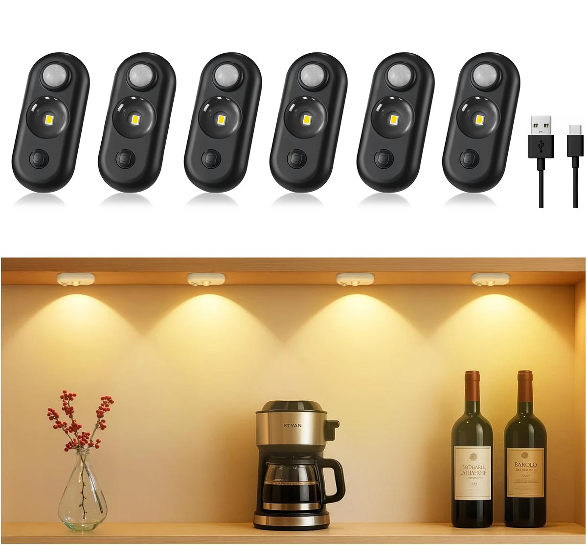 4/6 Pack Rechargeable Oval LED Closet Light | Motion Sensor, Tap Switch, Dimmable | Warm / Daylight White | Black / White Finish | Magnetic Mounting for Closets & Cabinets