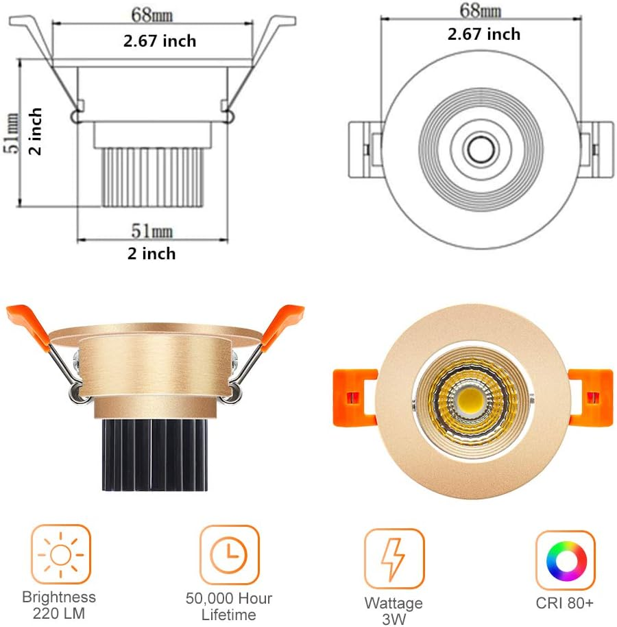 Spot LED encastrable COB réglable série ECO-2 – Boîtier doré – Intensité variable TRIAC – 3 W/5 W/9 W – Lot de 4/Lot de 10 – 3 000 K–6 000 K – 100–130 V / 200–240 V
