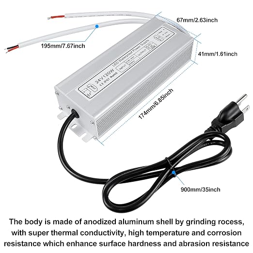 24V Waterproof LED Power Supply 30W–300W, 90–265V Input, Single/Dual Wire Output, Aluminum Housing, Outdoor LED Driver, CE/RoHS/FCC — US/UK/EU Plug & Wire Leads Options