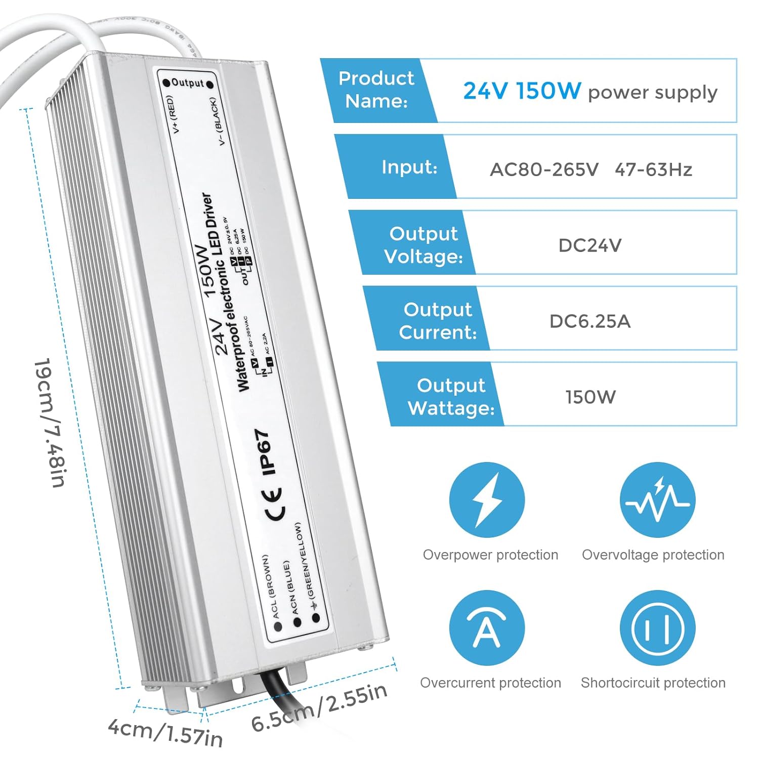 Alimentation LED étanche 24 V 30 W–300 W, entrée 90–265 V, sortie simple/double fil, pilote LED extérieur, CE/RoHS/FCC — Options de fiches et de câbles US/UK/EU 