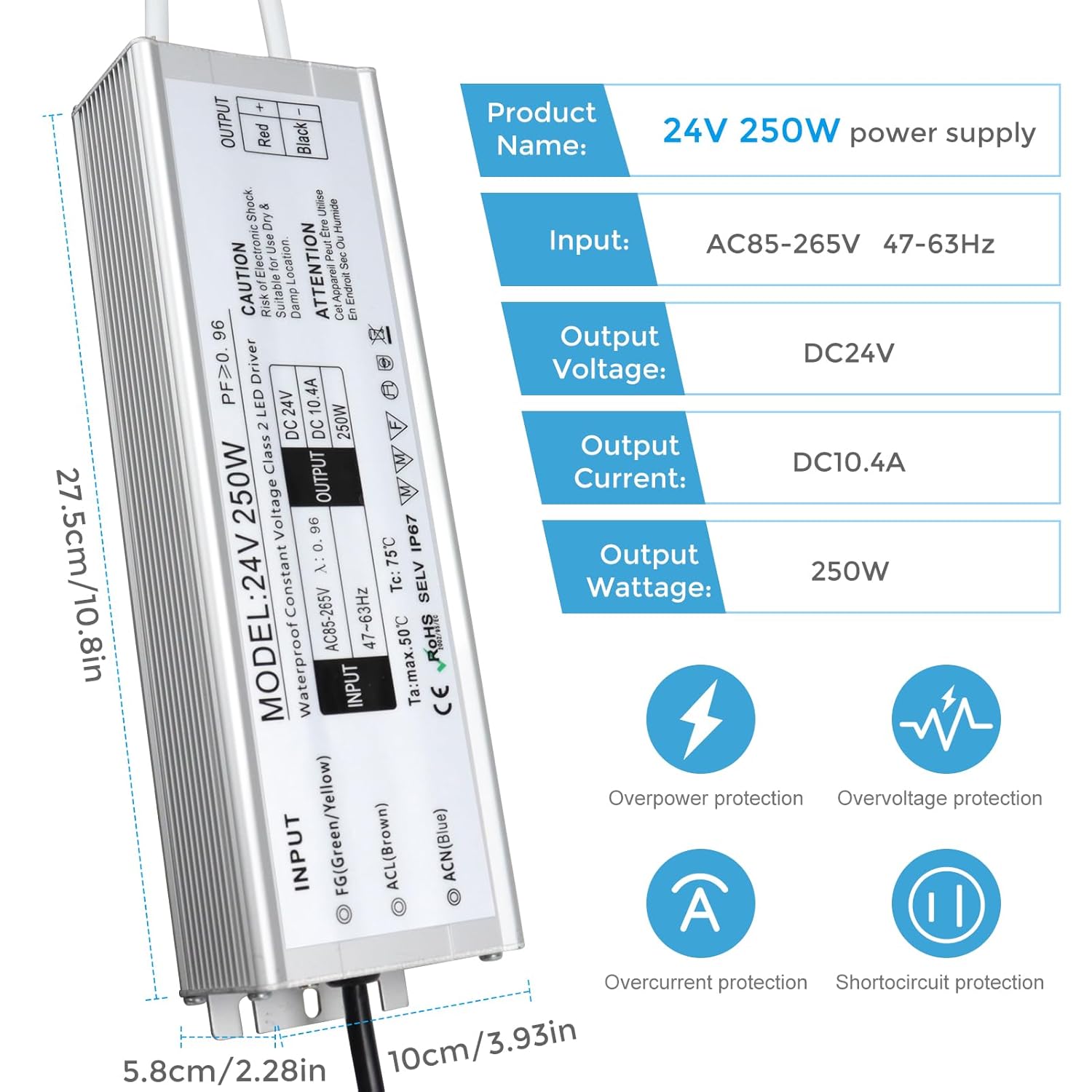 Alimentation LED étanche 24 V 30 W–300 W, entrée 90–265 V, sortie simple/double fil, pilote LED extérieur, CE/RoHS/FCC — Options de fiches et de câbles US/UK/EU 