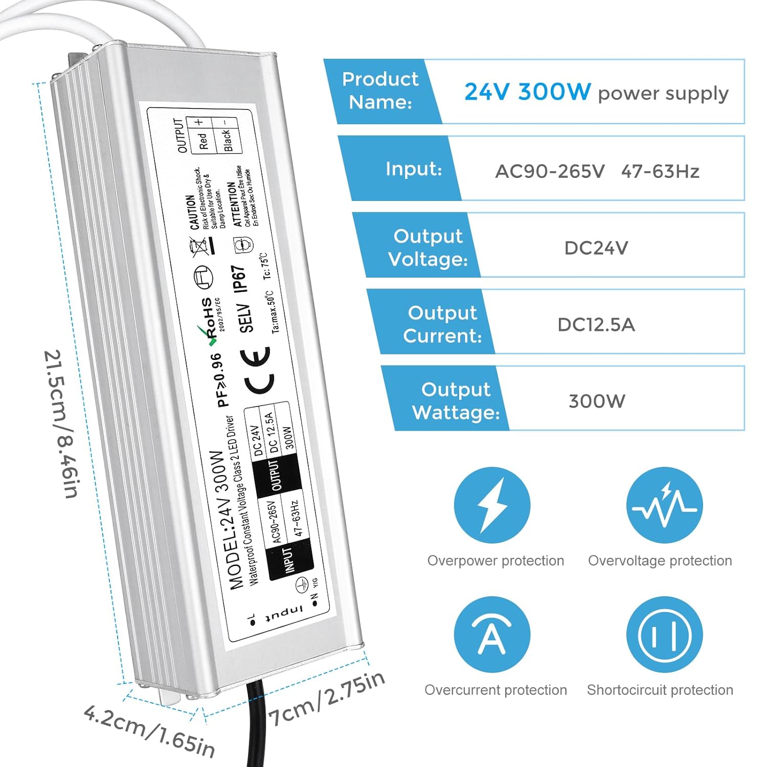 Alimentation LED étanche 24 V 30 W–300 W, entrée 90–265 V, sortie simple/double fil, pilote LED extérieur, CE/RoHS/FCC — Options de fiches et de câbles US/UK/EU 
