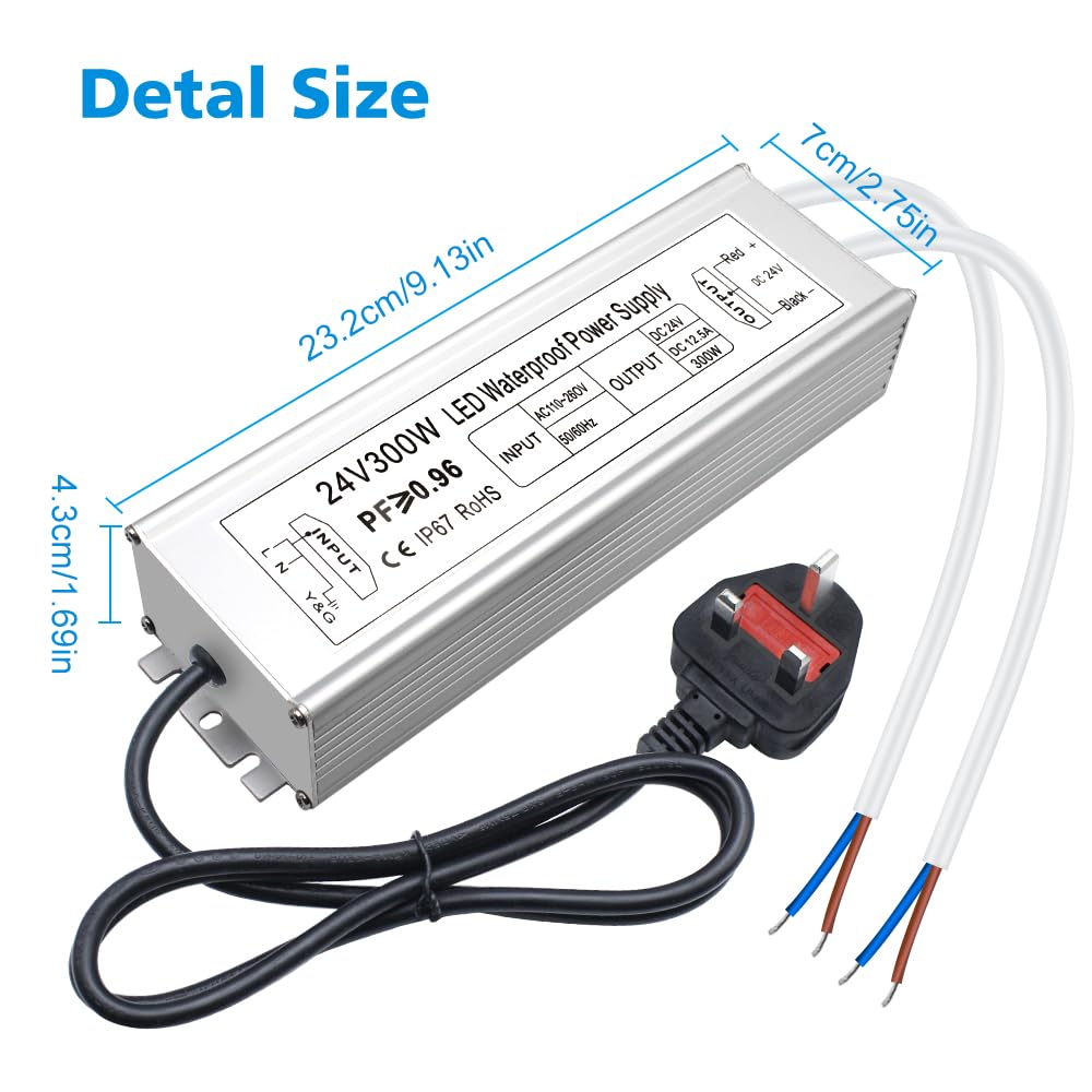 Alimentation LED étanche 24 V 30 W–300 W, entrée 90–265 V, sortie simple/double fil, pilote LED extérieur, CE/RoHS/FCC — Options de fiches et de câbles US/UK/EU 