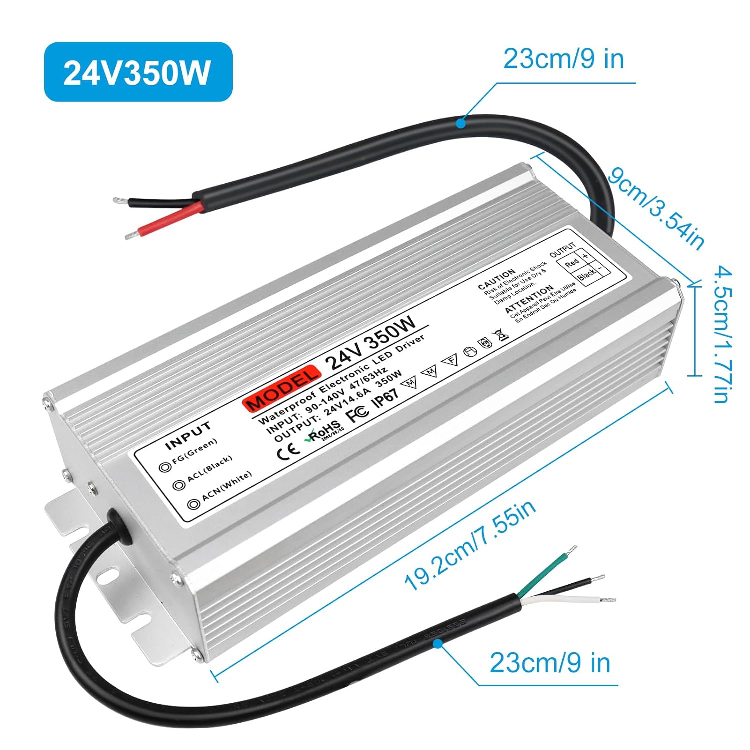 Wasserdichter 24-V-LED-Transformator, 90–140 V Eingang, 200 W–500 W, Einzel-/Doppelkabelausgang, CE/RoHS/FCC – US-Stecker und Kabel, Außenbeleuchtungsadapter 