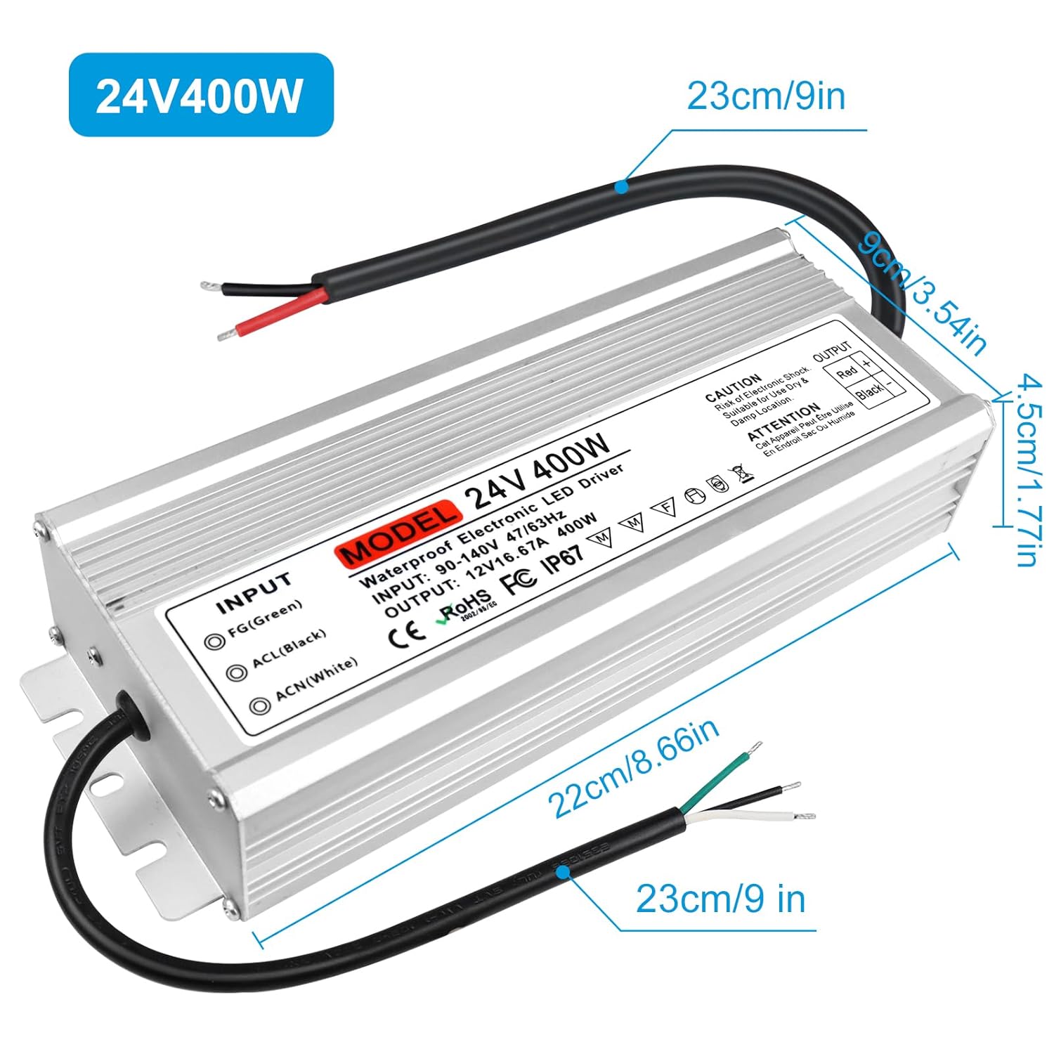 Wasserdichter 24-V-LED-Transformator, 90–140 V Eingang, 200 W–500 W, Einzel-/Doppelkabelausgang, CE/RoHS/FCC – US-Stecker und Kabel, Außenbeleuchtungsadapter 