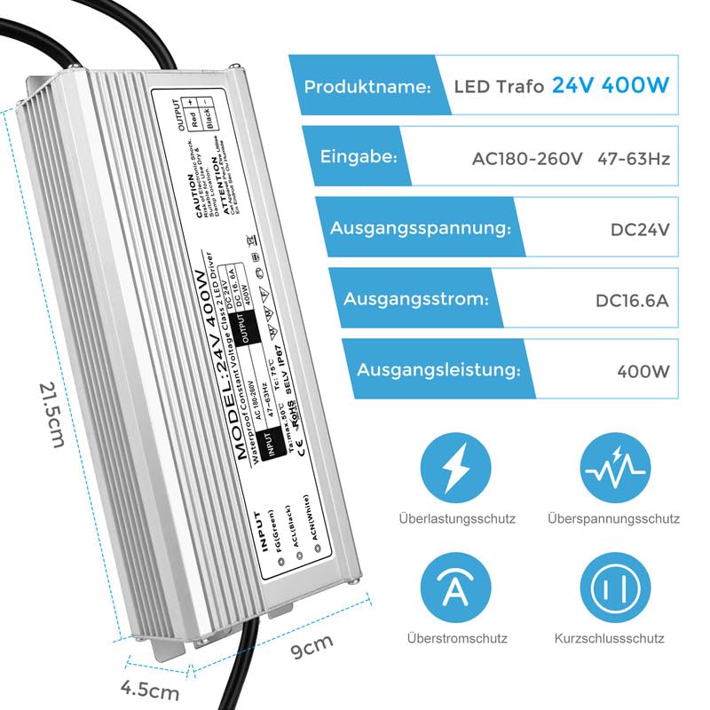 24V Waterproof LED Driver, 175–265V Input, 200W–500W, Single/Dual Wire Output, Outdoor Power Adapter, CE/RoHS/FCC — UK/EU Plug & Wire Leads Options