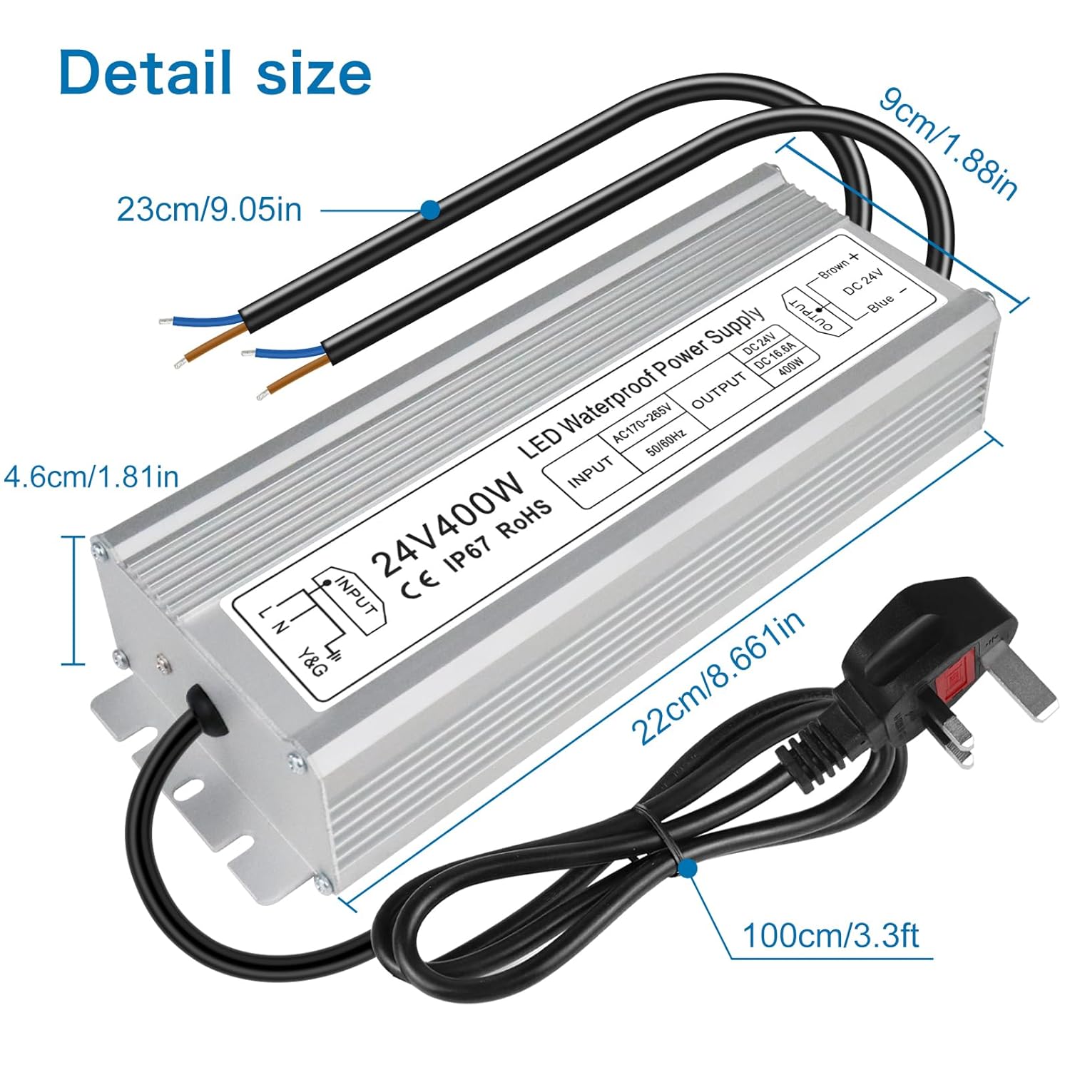24V Waterproof LED Driver, 175–265V Input, 200W–500W, Single/Dual Wire Output, Outdoor Power Adapter, CE/RoHS/FCC — UK/EU Plug & Wire Leads Options