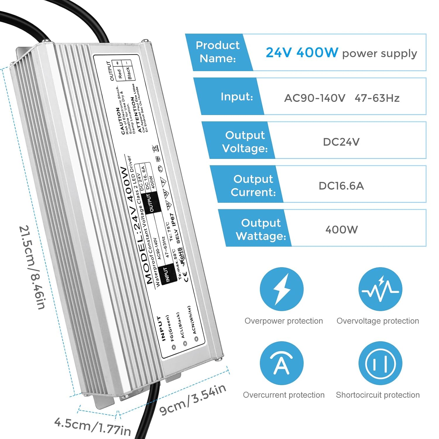 Wasserdichter 24-V-LED-Transformator, 90–140 V Eingang, 200 W–500 W, Einzel-/Doppelkabelausgang, CE/RoHS/FCC – US-Stecker und Kabel, Außenbeleuchtungsadapter 