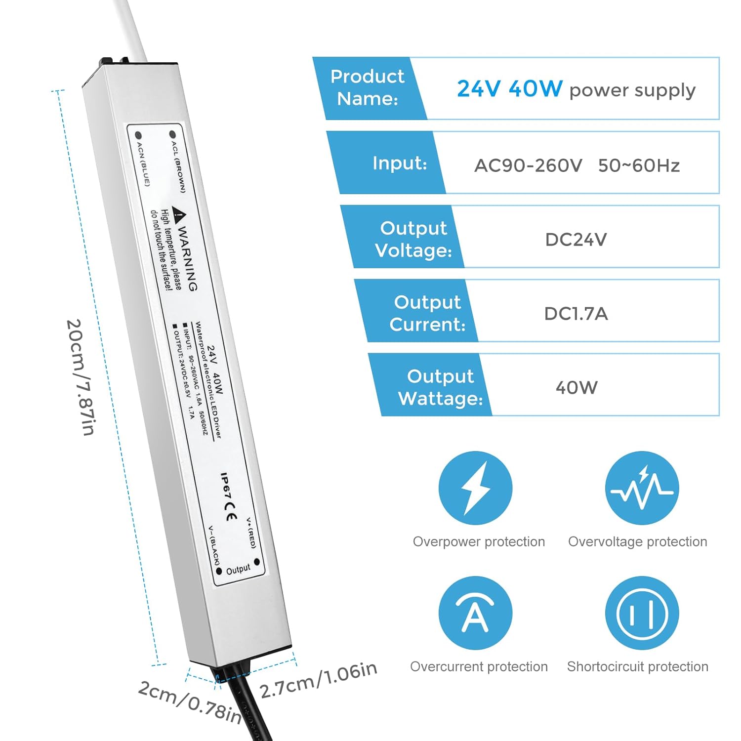 Alimentation LED étanche 24 V 30 W–300 W, entrée 90–265 V, sortie simple/double fil, pilote LED extérieur, CE/RoHS/FCC — Options de fiches et de câbles US/UK/EU 