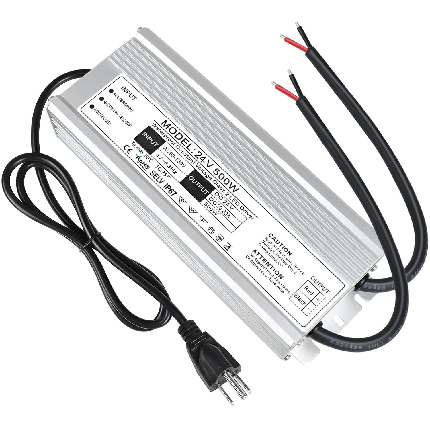 Wasserdichter 24-V-LED-Transformator, 90–140 V Eingang, 200 W–500 W, Einzel-/Doppelkabelausgang, CE/RoHS/FCC – US-Stecker und Kabel, Außenbeleuchtungsadapter 