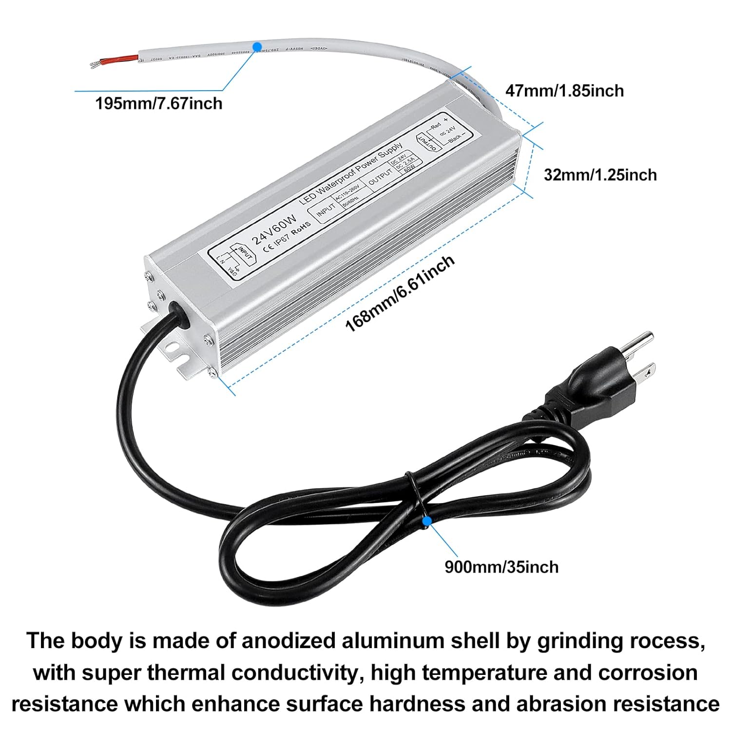 Alimentation LED étanche 24 V 30 W–300 W, entrée 90–265 V, sortie simple/double fil, pilote LED extérieur, CE/RoHS/FCC — Options de fiches et de câbles US/UK/EU 