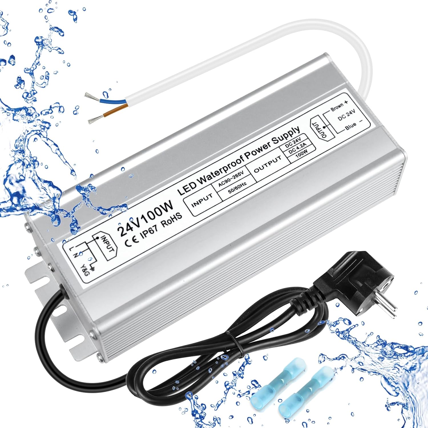 Alimentation LED étanche 24 V 30 W–300 W, entrée 90–265 V, sortie simple/double fil, pilote LED extérieur, CE/RoHS/FCC — Options de fiches et de câbles US/UK/EU 