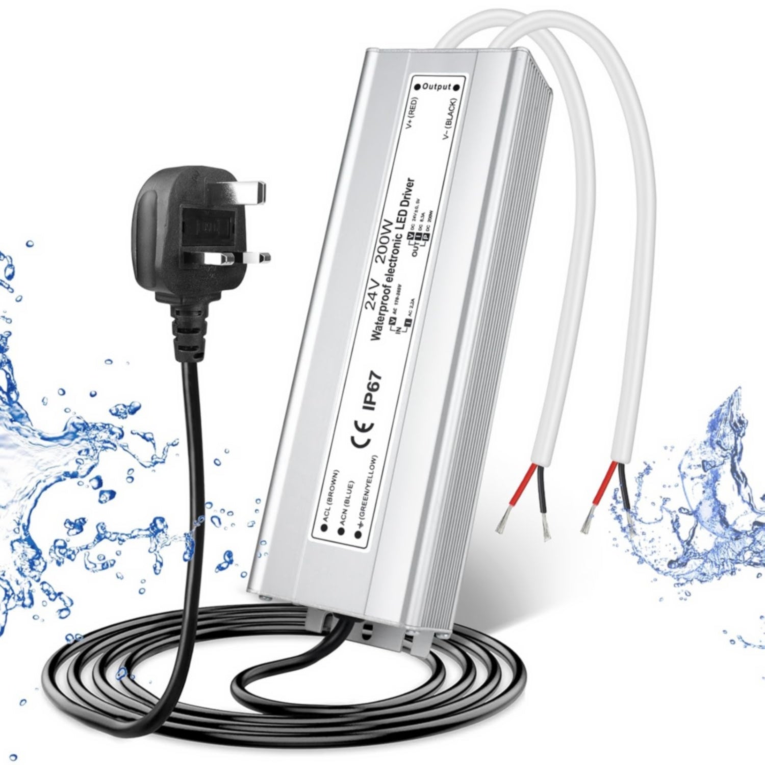 24V Waterproof LED Driver, 175–265V Input, 200W–500W, Single/Dual Wire Output, Outdoor Power Adapter, CE/RoHS/FCC — UK/EU Plug & Wire Leads Options