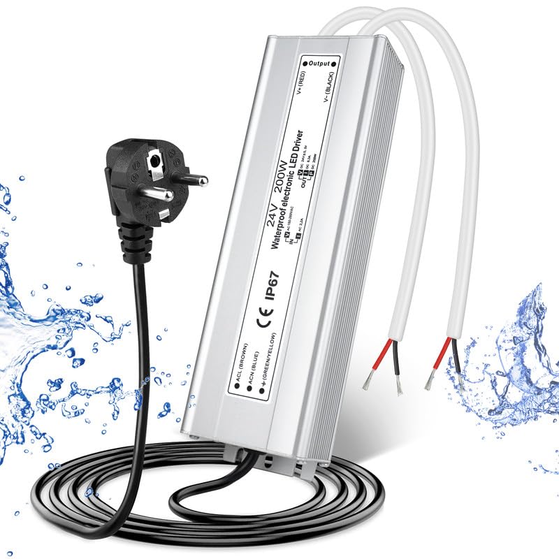 24V Waterproof LED Driver, 175–265V Input, 200W–500W, Single/Dual Wire Output, Outdoor Power Adapter, CE/RoHS/FCC — UK/EU Plug & Wire Leads Options