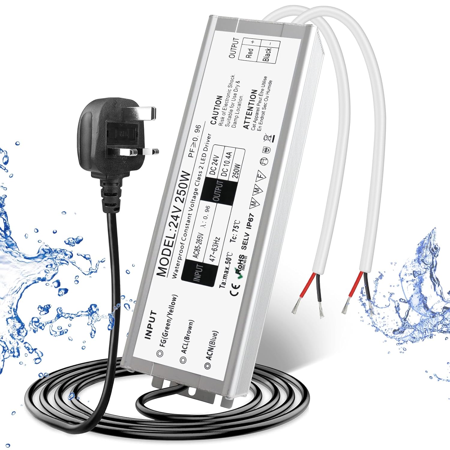 Alimentation LED étanche 24 V 30 W–300 W, entrée 90–265 V, sortie simple/double fil, pilote LED extérieur, CE/RoHS/FCC — Options de fiches et de câbles US/UK/EU 