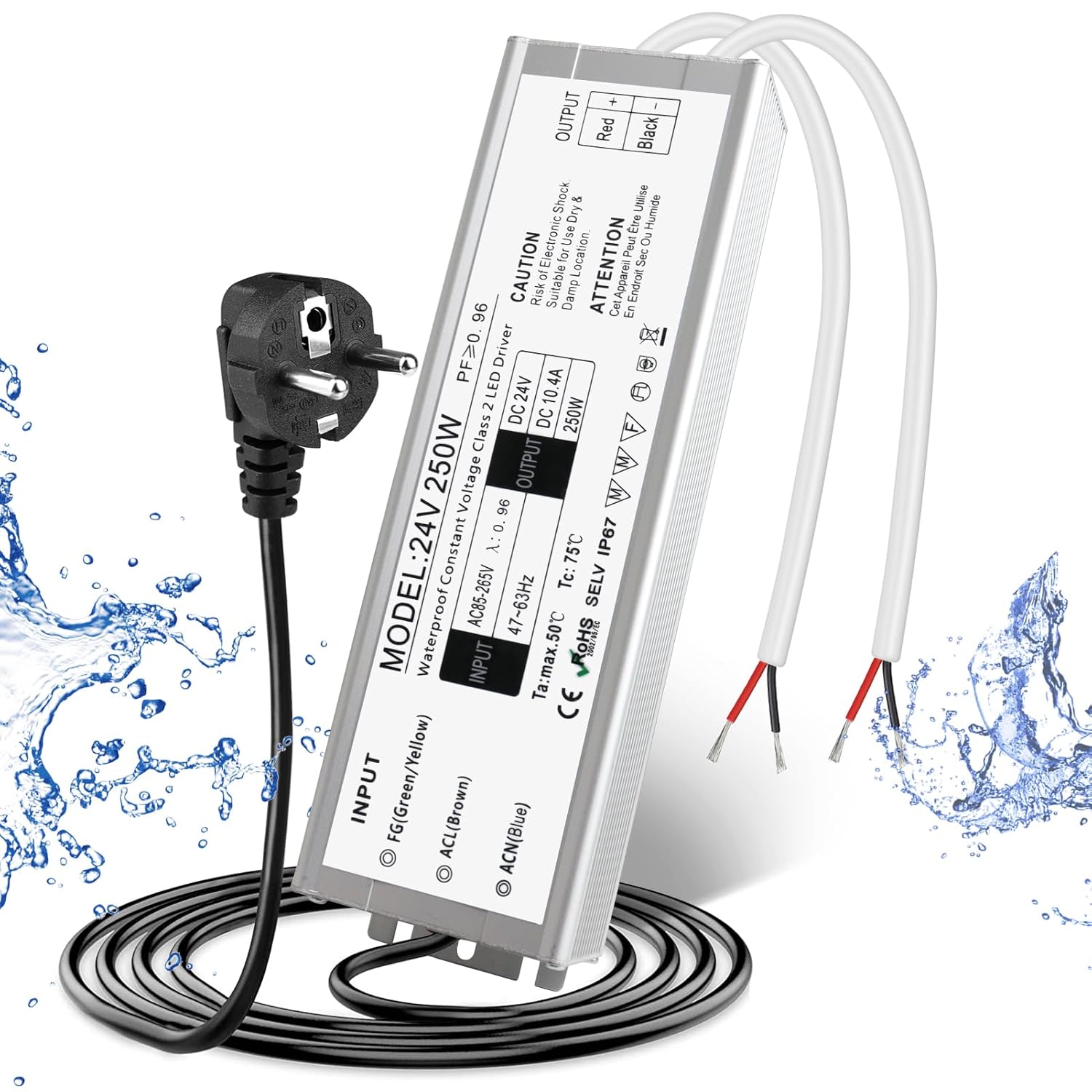 Alimentation LED étanche 24 V 30 W–300 W, entrée 90–265 V, sortie simple/double fil, pilote LED extérieur, CE/RoHS/FCC — Options de fiches et de câbles US/UK/EU 